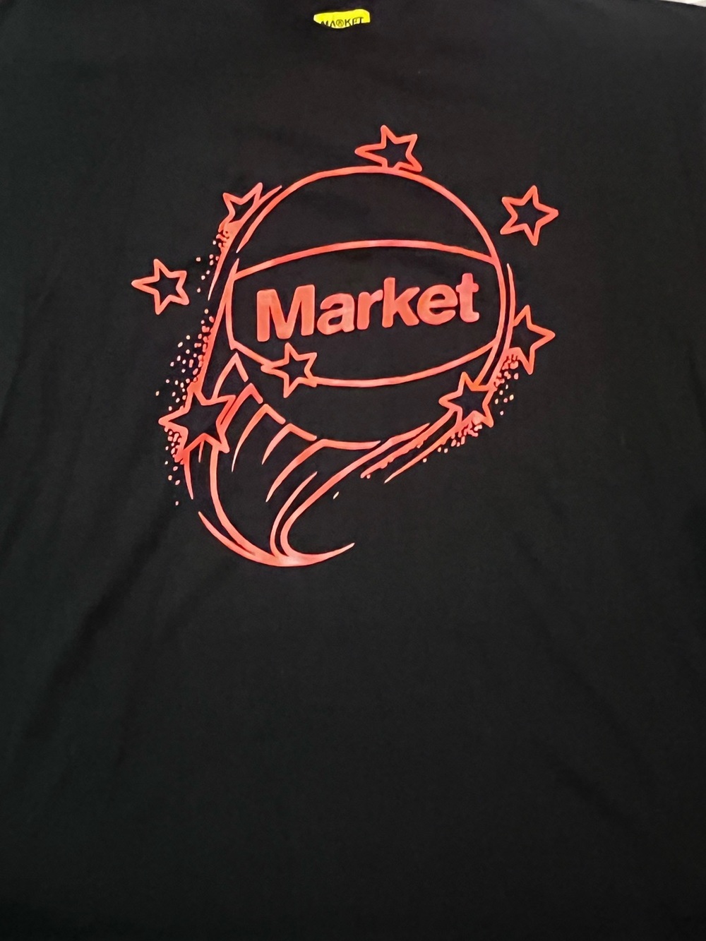 Market Graphic Short Sleeve Tee - Black with Neon Coral Print